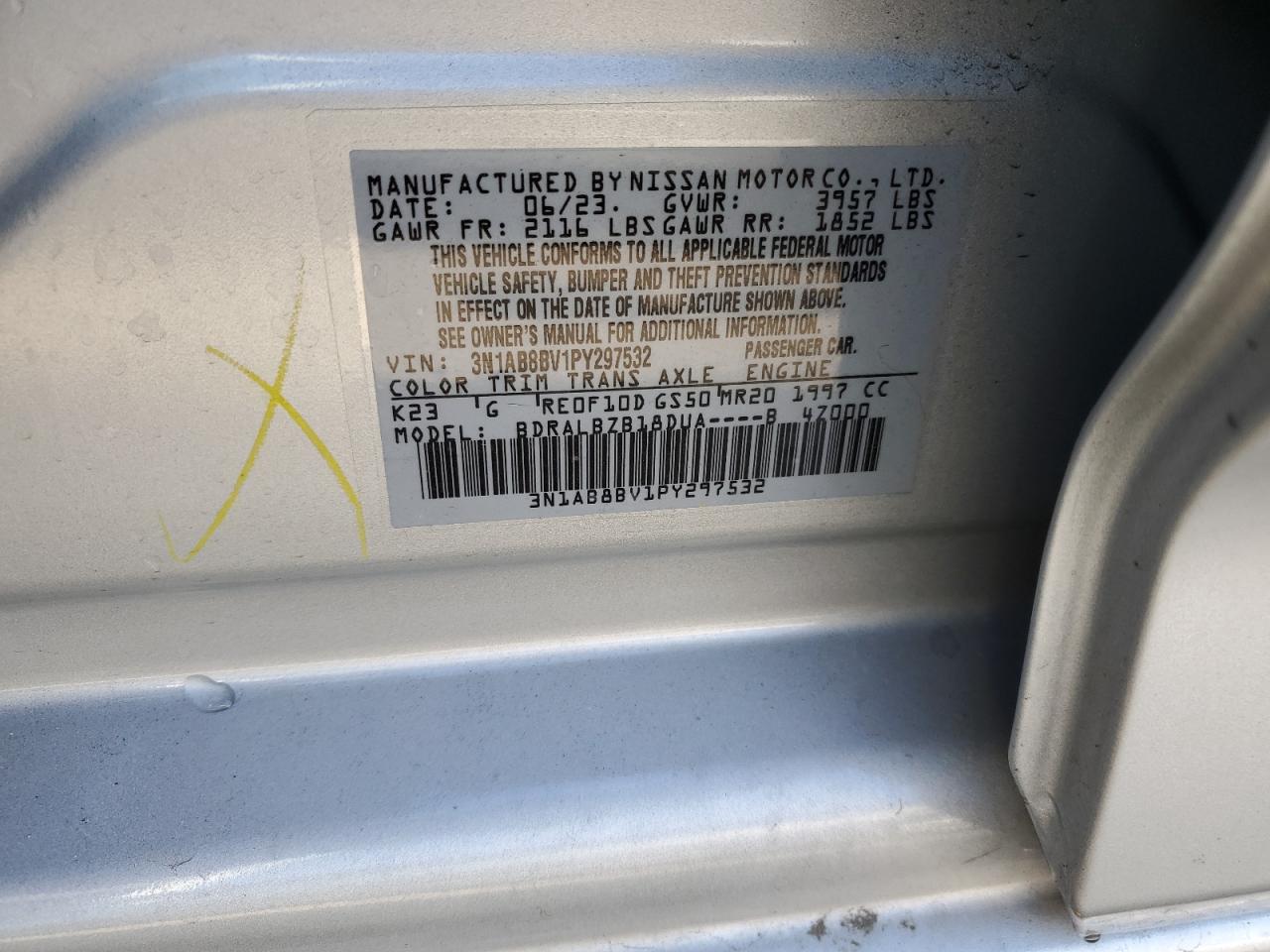 2023 NISSAN SENTRA S VIN:3N1AB8BV1PY297532