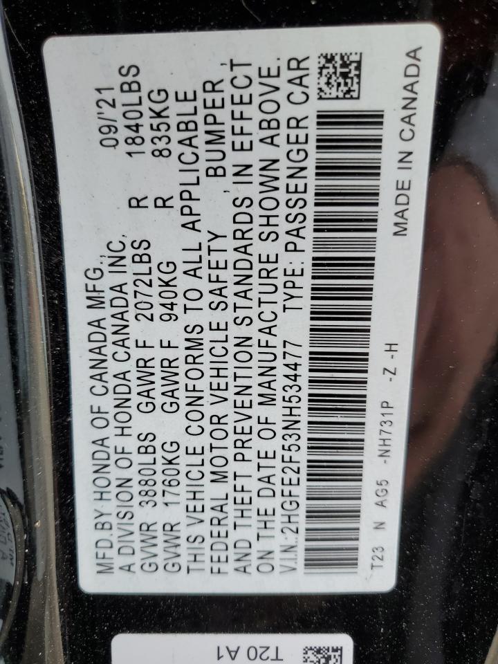 2022 HONDA CIVIC SPORT VIN:2HGFE2F53NH534477