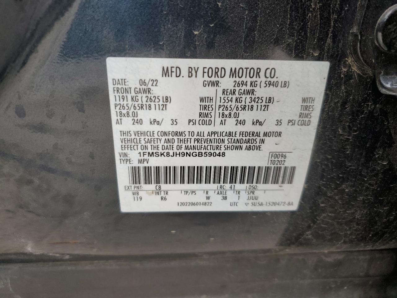 2022 FORD EXPLORER TIMBERLINE VIN:1FMSK8JH9NGB59048