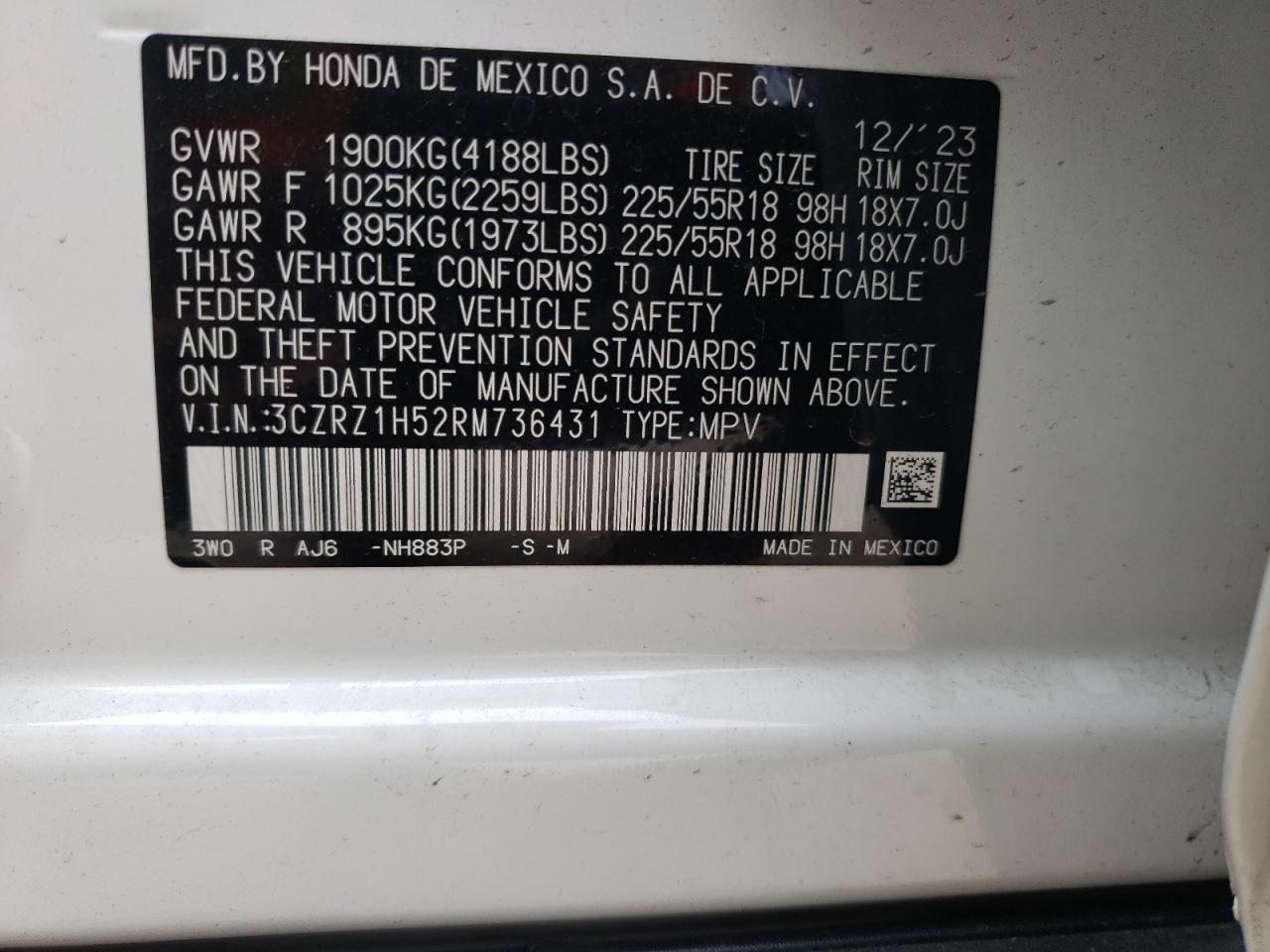 2024 HONDA HR-V SPORT VIN:3CZRZ1H52RM736431