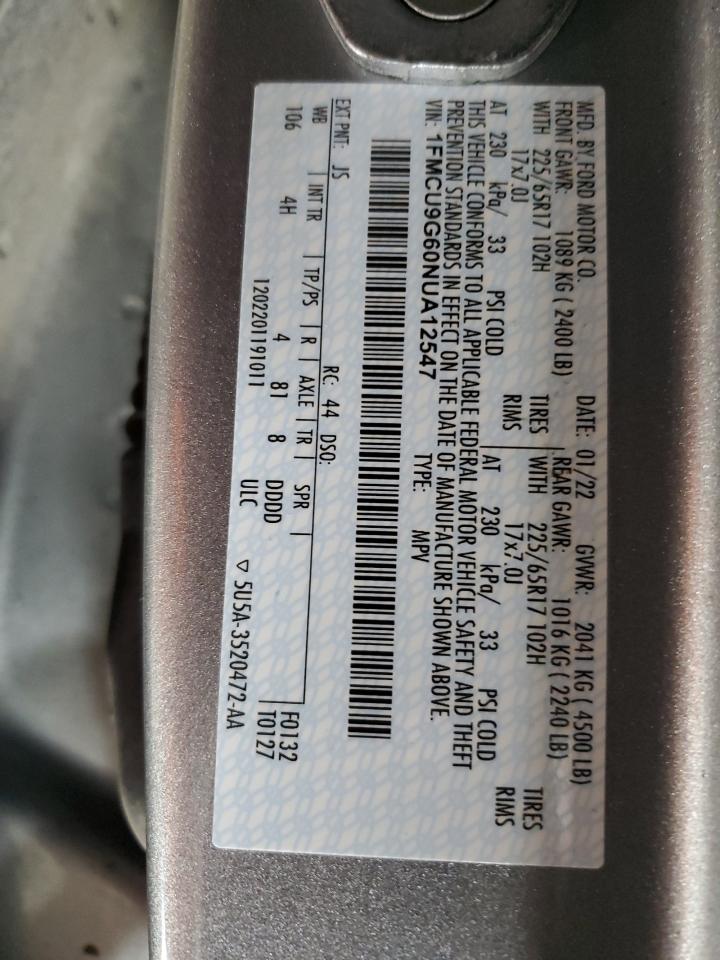 2022 FORD ESCAPE SE VIN:1FMCU9G60NUA12547
