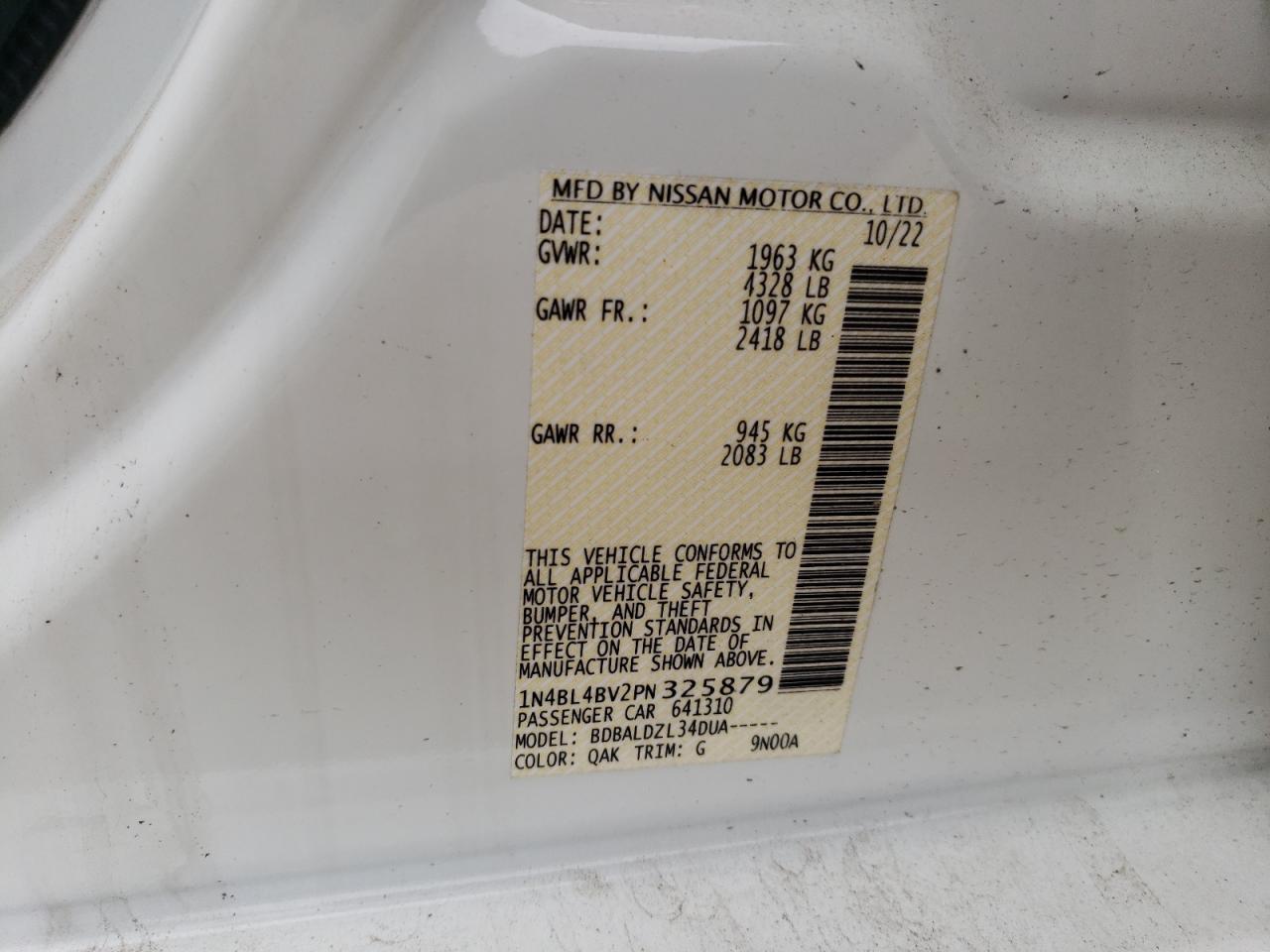 2023 NISSAN ALTIMA S VIN:1N4BL4BV2PN325879