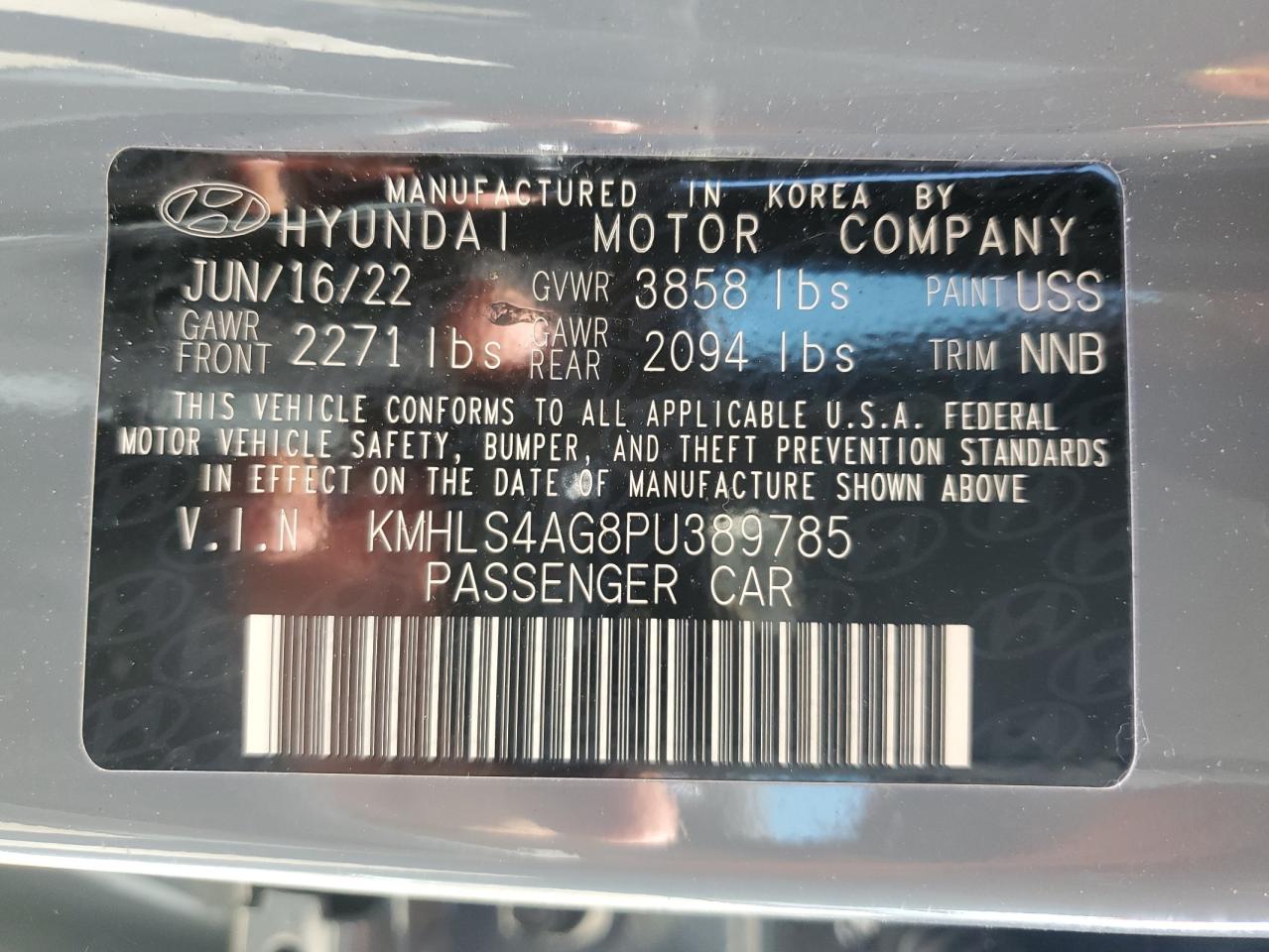 2023 HYUNDAI ELANTRA SEL VIN:KMHLS4AG8PU389785