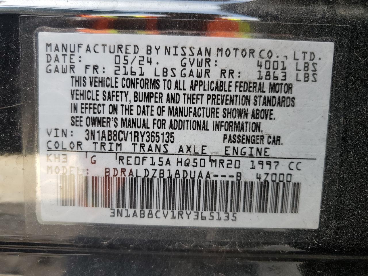 2024 NISSAN SENTRA SV VIN:WP1AB2A50FLB41757