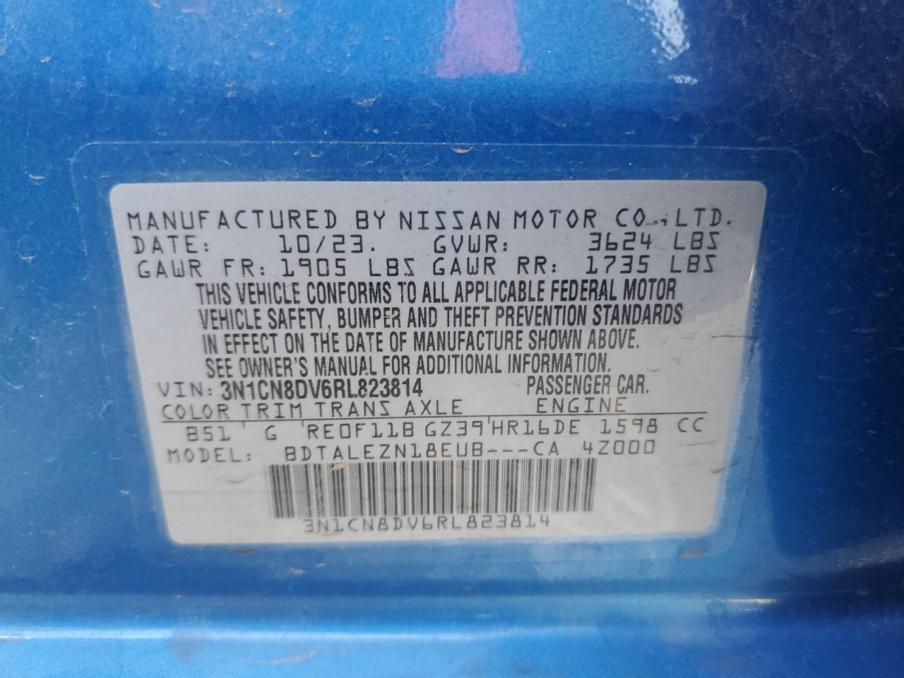 2024 NISSAN VERSA S VIN:3N1CN8DV6RL823814