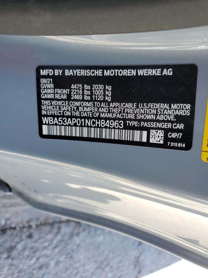 2022 BMW 430I  VIN:WBA53AP01NCH84963