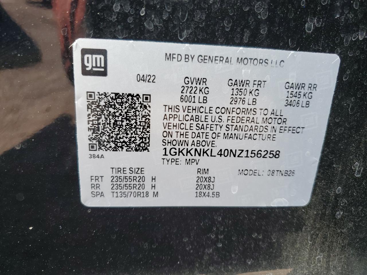 2022 GMC ACADIA SLE VIN:1GKKNKL40NZ156258