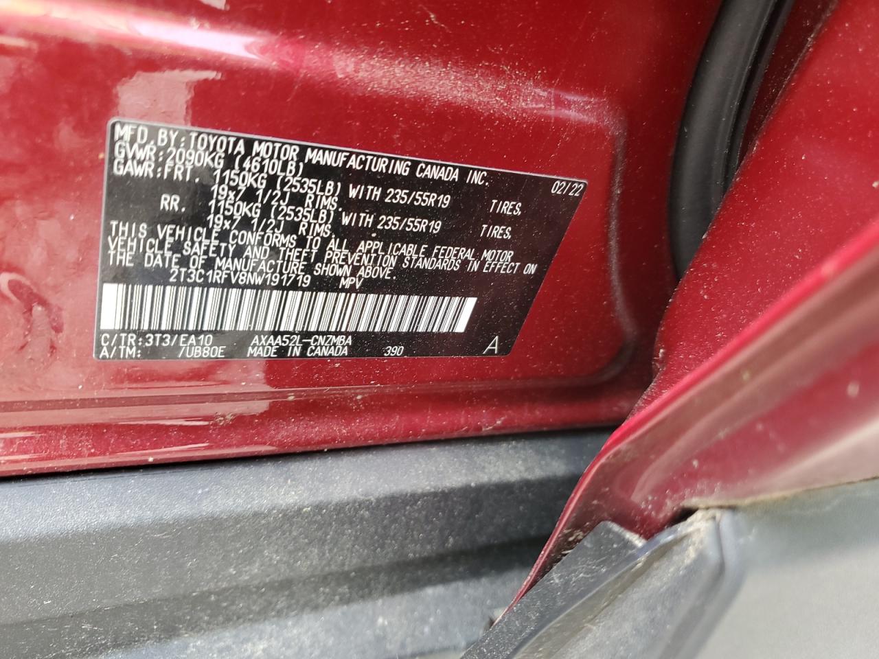 2022 TOYOTA RAV4 XLE PREMIUM VIN:2T3C1RFV8NW191719