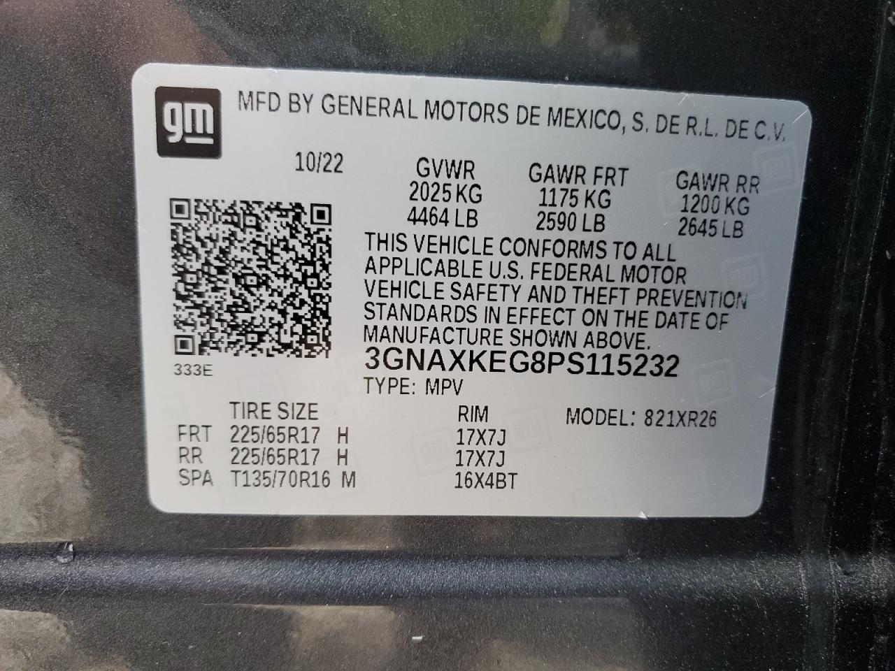 2023 CHEVROLET EQUINOX LT VIN:3GNAXKEG8PS115232