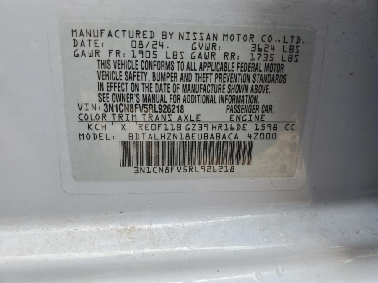 2024 NISSAN VERSA SR VIN:3N1CN8FV5RL926218