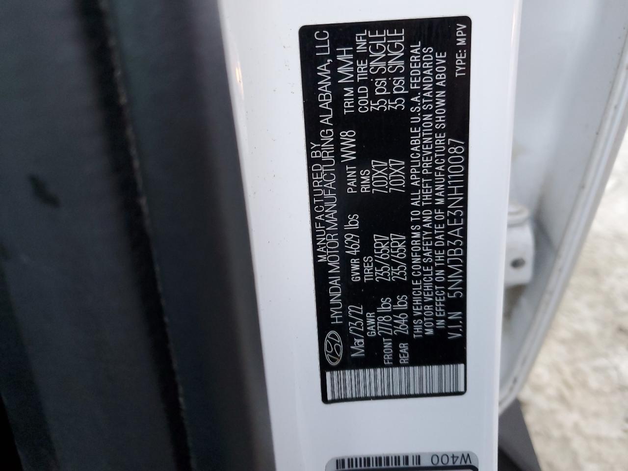 2022 HYUNDAI TUCSON SEL VIN:5NMJB3AE3NH110087