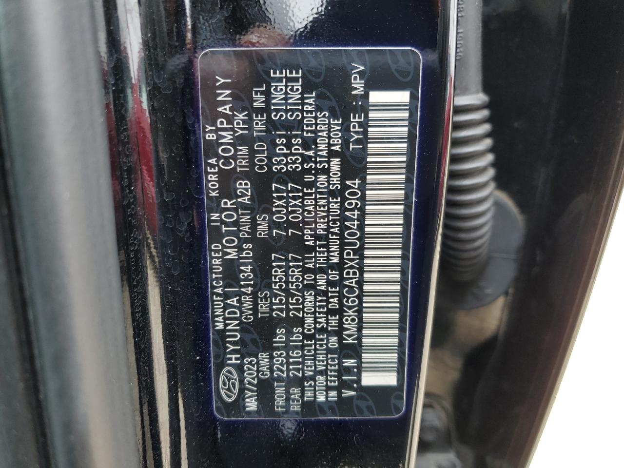 2023 HYUNDAI KONA SEL VIN:KM8K6CABXPU044904