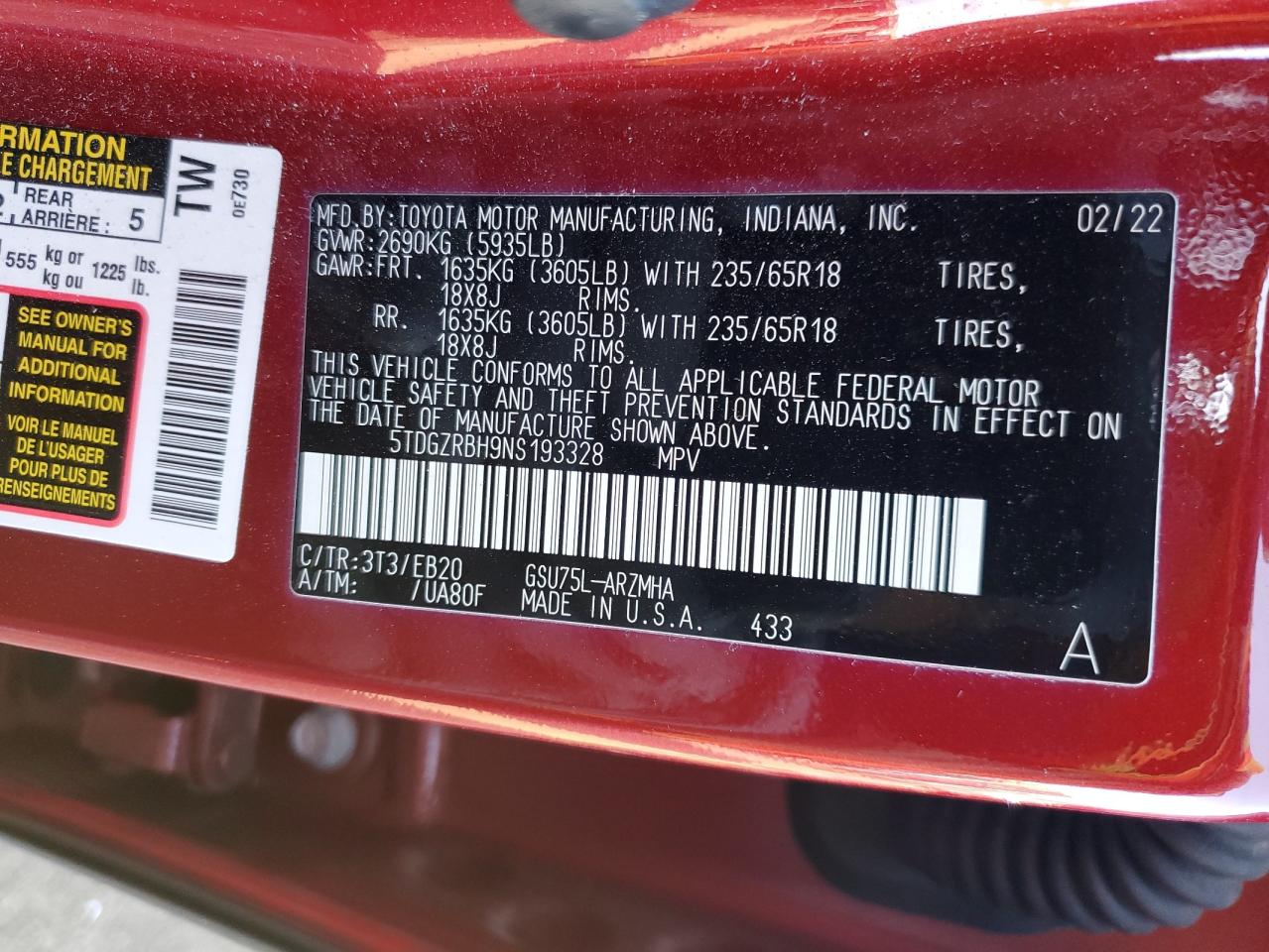 2022 TOYOTA HIGHLANDER XLE VIN:5TDGZRBH9NS193328