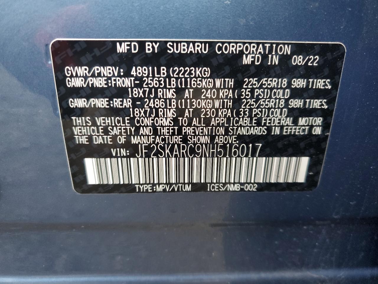 2022 SUBARU FORESTER TOURING VIN:JF2SKARC9NH516017