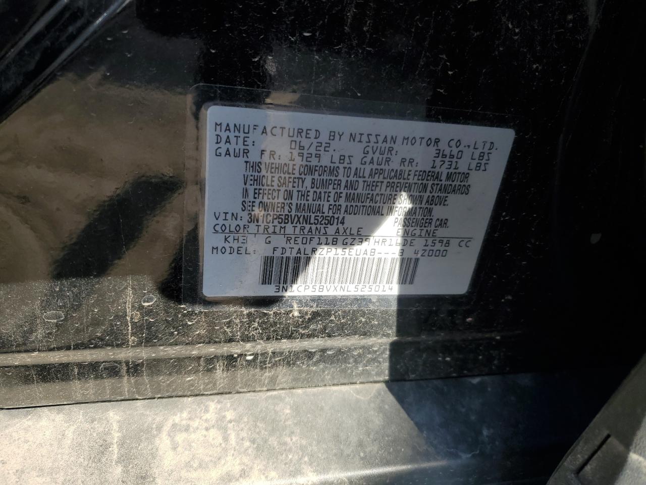 2022 NISSAN KICKS S VIN:3N1CP5BVXNL525014