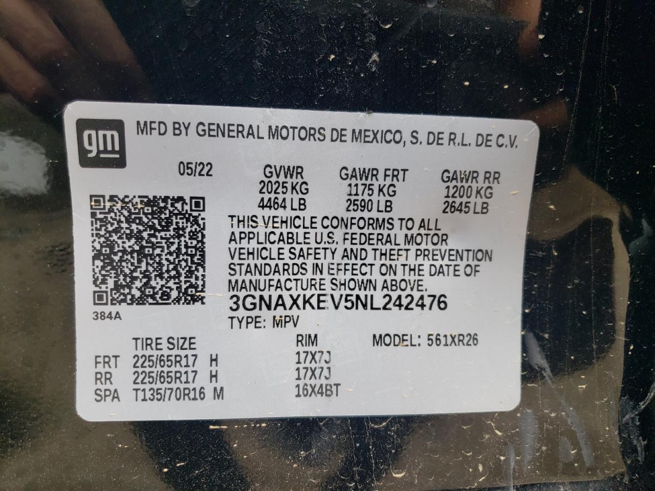 2022 CHEVROLET EQUINOX LT VIN:3GNAXKEV5NL242476