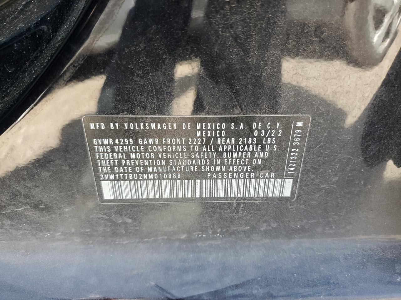 2022 VOLKSWAGEN JETTA GLI AUTOBAHN VIN:3VW1T7BU2NM010888