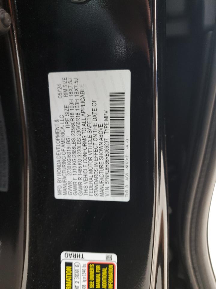 2024 HONDA ODYSSEY EXL VIN:5FNRL6H66RB066237