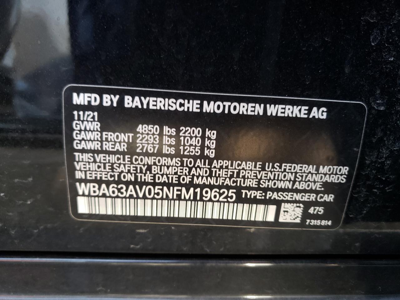 2022 BMW 430I GRAN COUPE VIN:WBA63AV05NFM19625