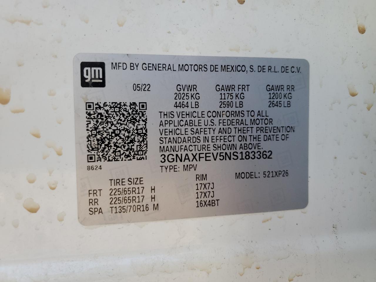 2022 CHEVROLET EQUINOX LS VIN:3GNAXFEV5NS183362