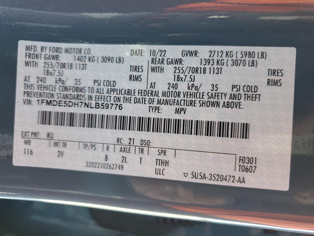 2022 FORD BRONCO BASE VIN:1FMDE5DH7NLB59776