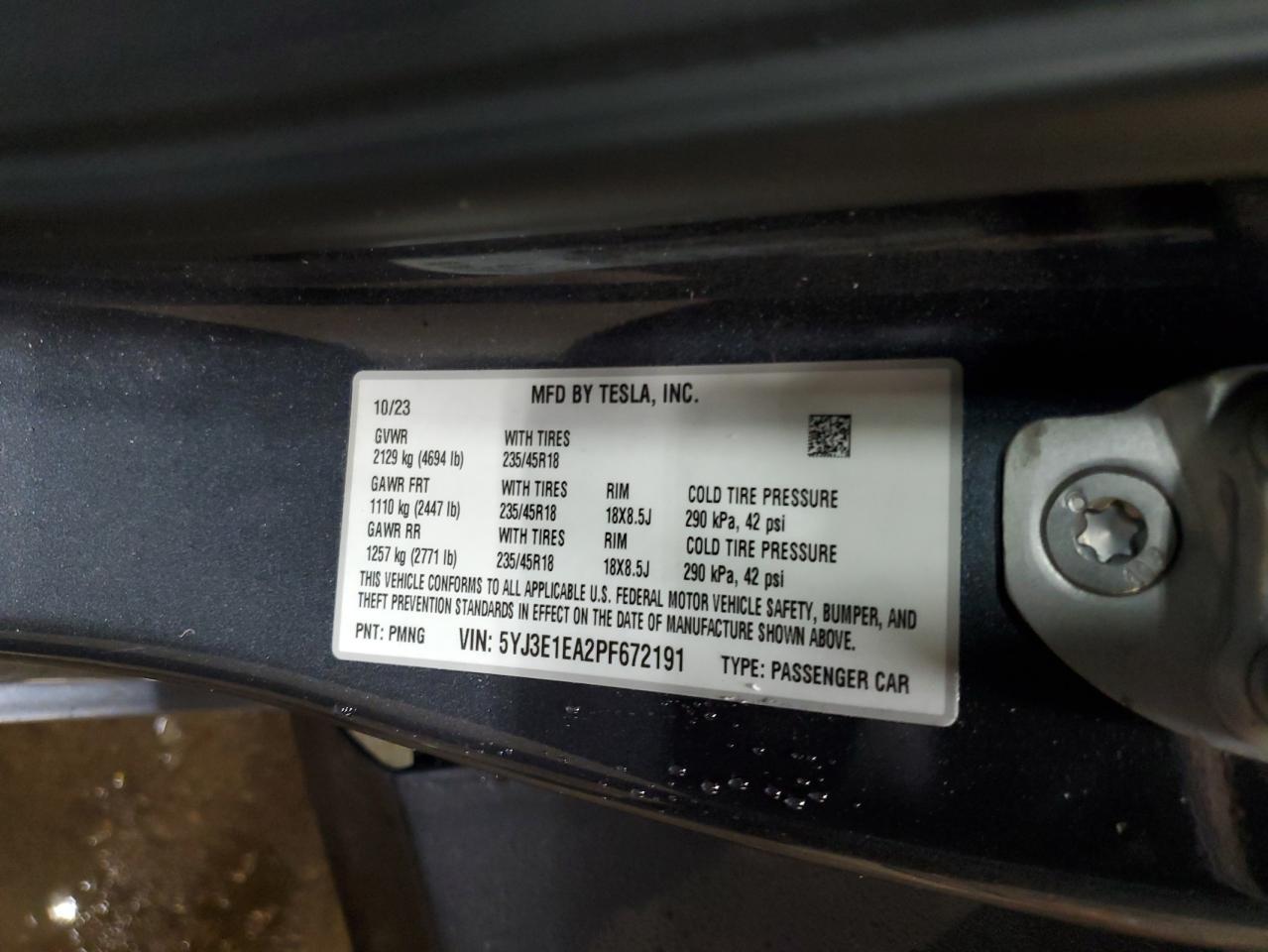 2023 TESLA MODEL 3  VIN:5YJ3E1EA2PF672191