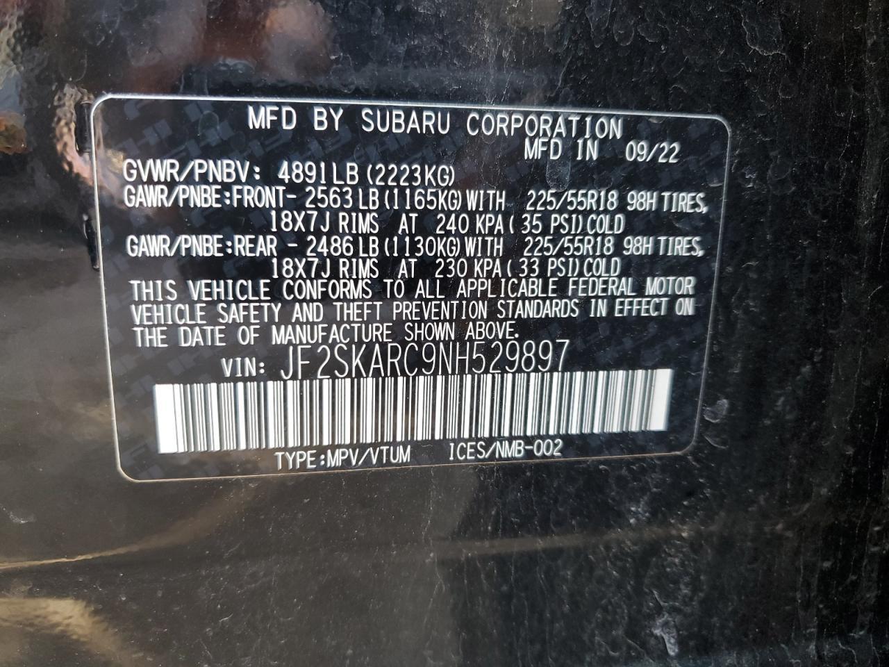 2022 SUBARU FORESTER TOURING VIN:JF2SKARC9NH529897