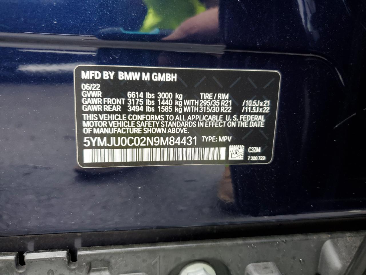 2022 BMW X5 M VIN:5YMJU0C02N9M84431