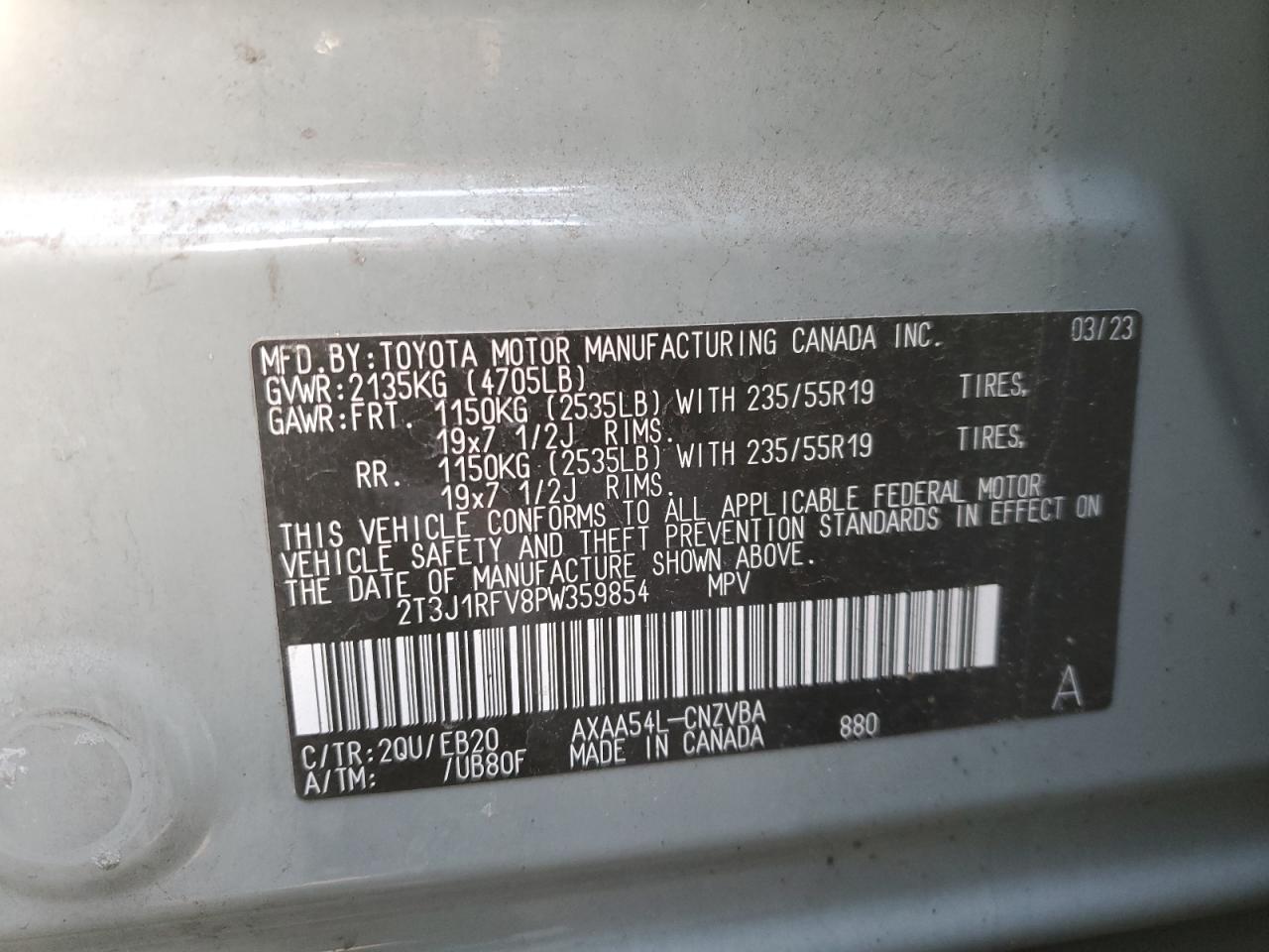 2023 TOYOTA RAV4 ADVENTURE VIN:2T3J1RFV8PW359854