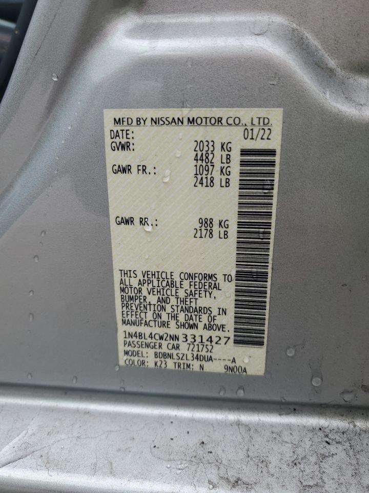 2022 NISSAN ALTIMA SR VIN:1N4BL4CW2NN331427