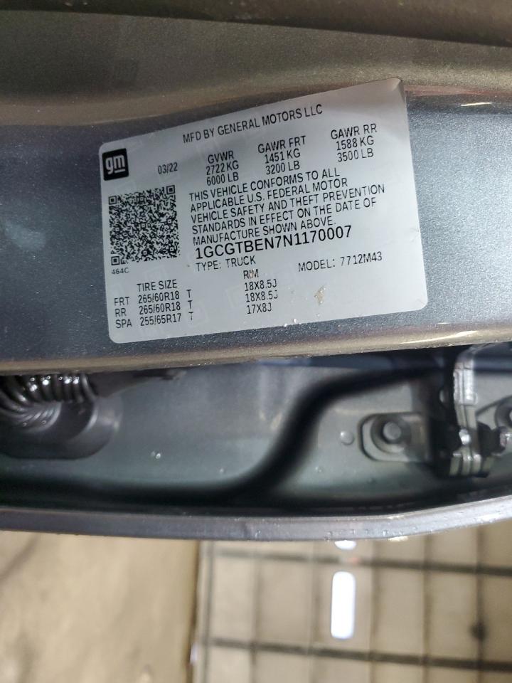 2022 CHEVROLET COLORADO  VIN:1GCGTBEN7N1170007