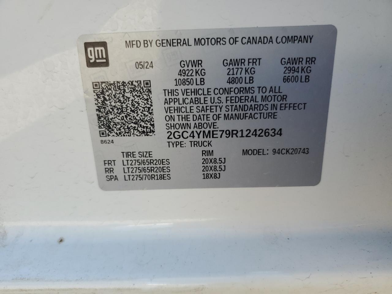 2024 CHEVROLET SILVERADO K2500 CUSTOM VIN:2GC4YME79R1242634