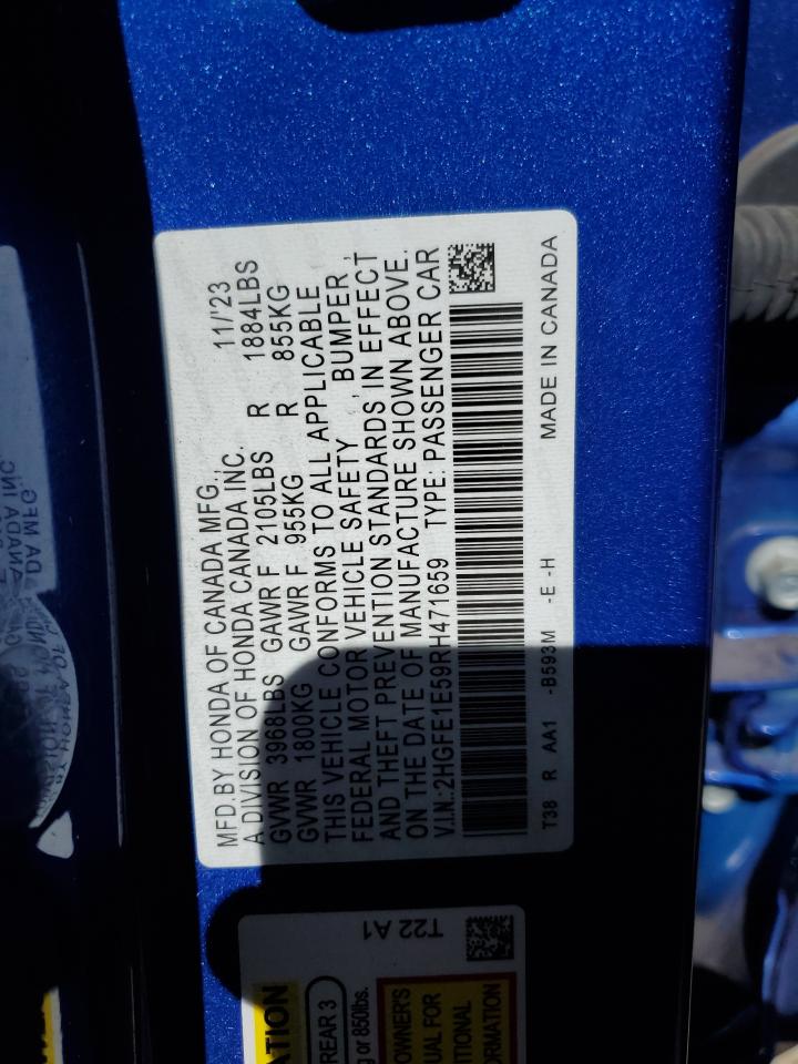 2024 HONDA CIVIC SI VIN:2HGFE1E59RH471659