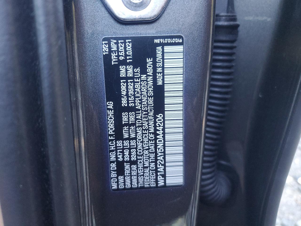 2022 PORSCHE CAYENNE TURBO VIN:WP1AF2AY5NDA44206