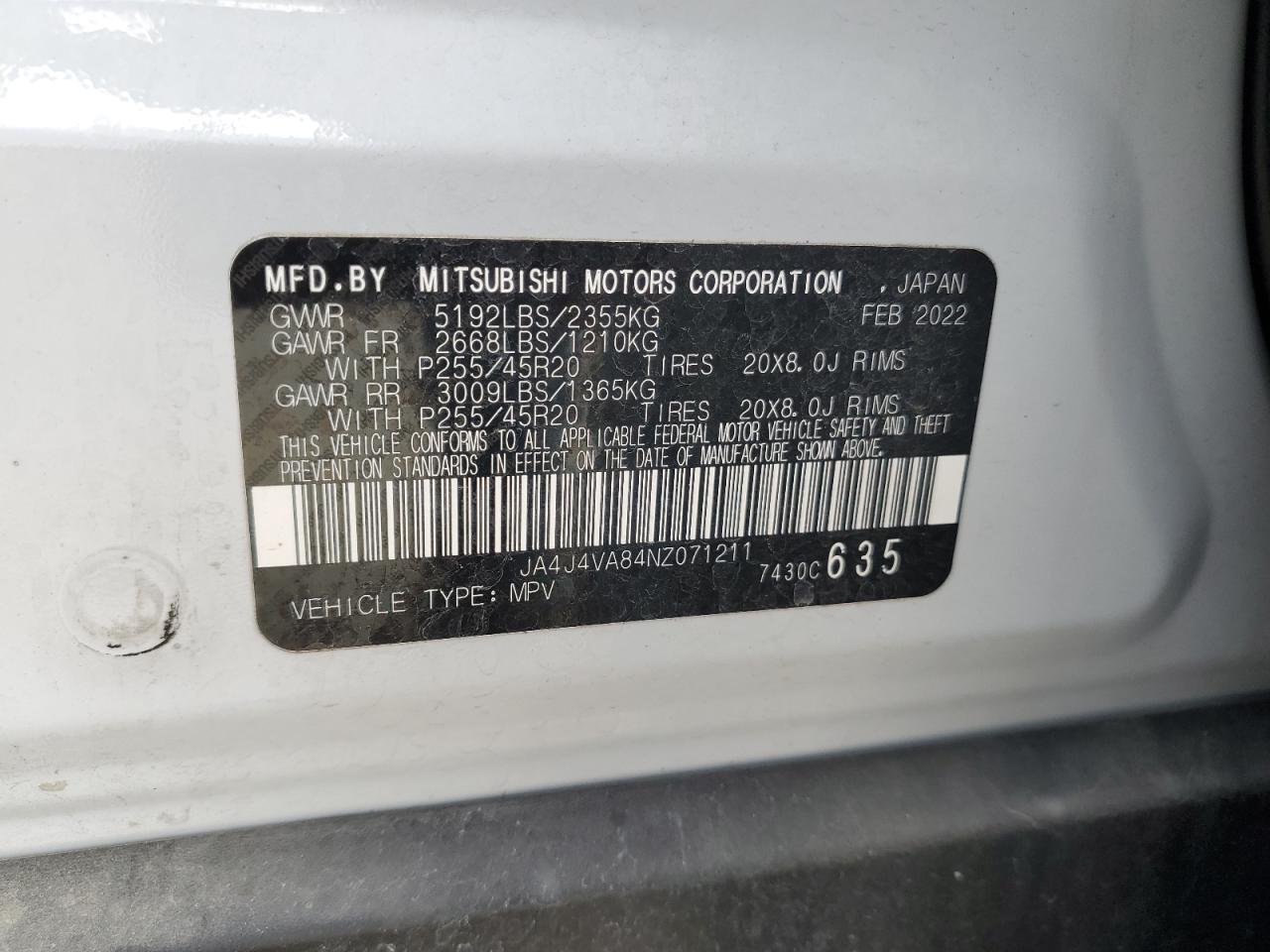 2022 MITSUBISHI OUTLANDER SEL VIN:JA4J4VA84NZ071211