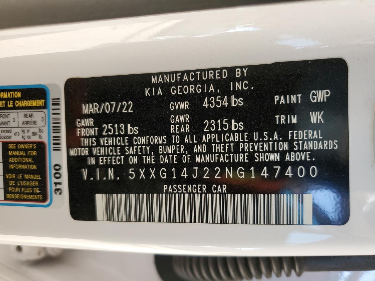 2022 KIA K5 LXS VIN:5XXG14J22NG147400