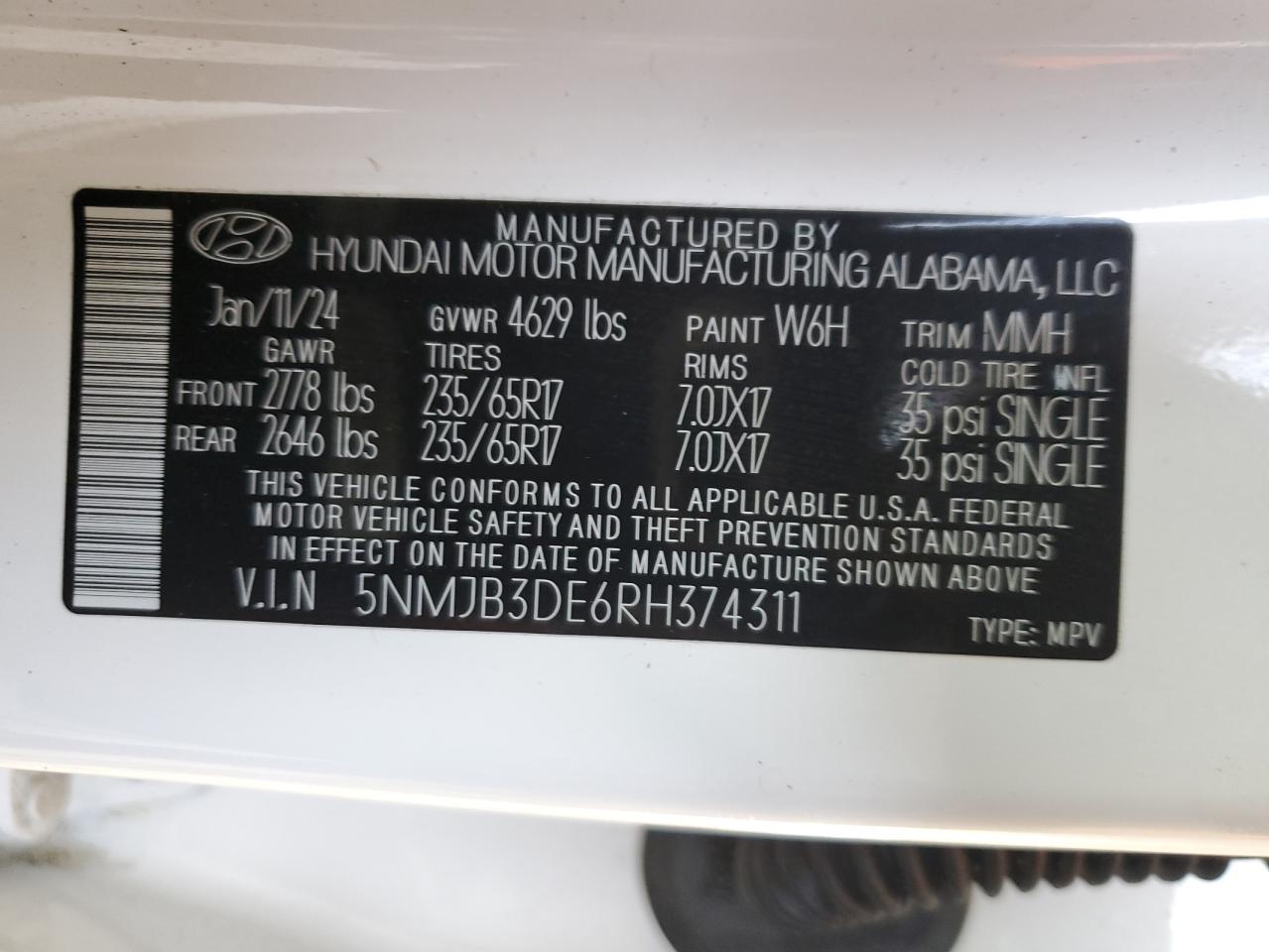 2024 HYUNDAI TUCSON SEL VIN:5NMJB3DE6RH374311