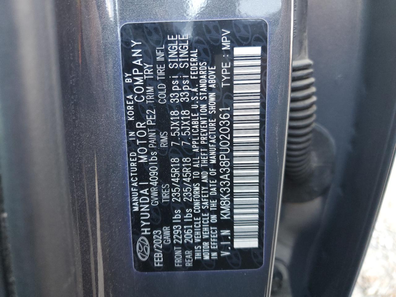 2023 HYUNDAI KONA N LINE VIN:KM8K33A38PU020361