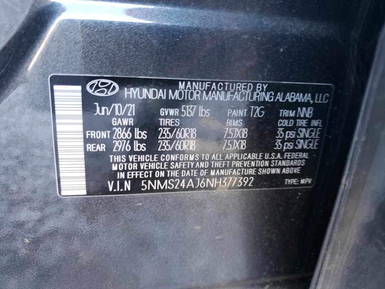2022 HYUNDAI SANTA FE SEL VIN:5NMS24AJ6NH377392