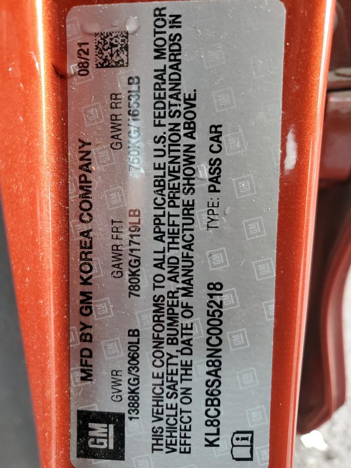 2022 CHEVROLET SPARK LS VIN:KL8CB6SA8NC005218