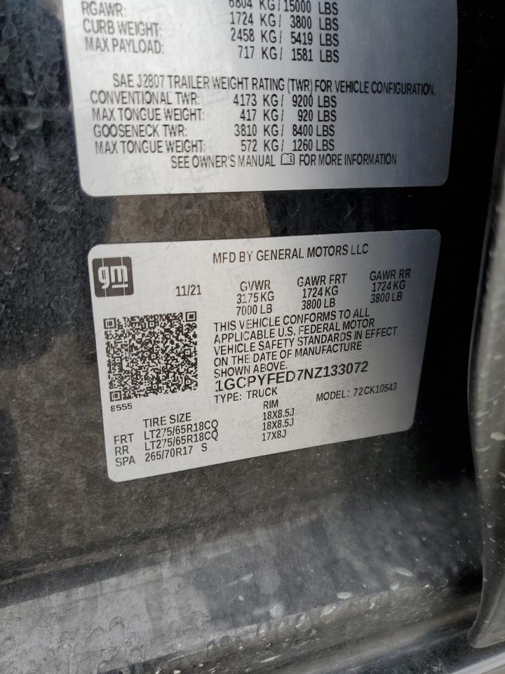 2022 CHEVROLET SILVERADO LTD K1500 LT TRAIL BOSS VIN:1GCPYFED7NZ133072