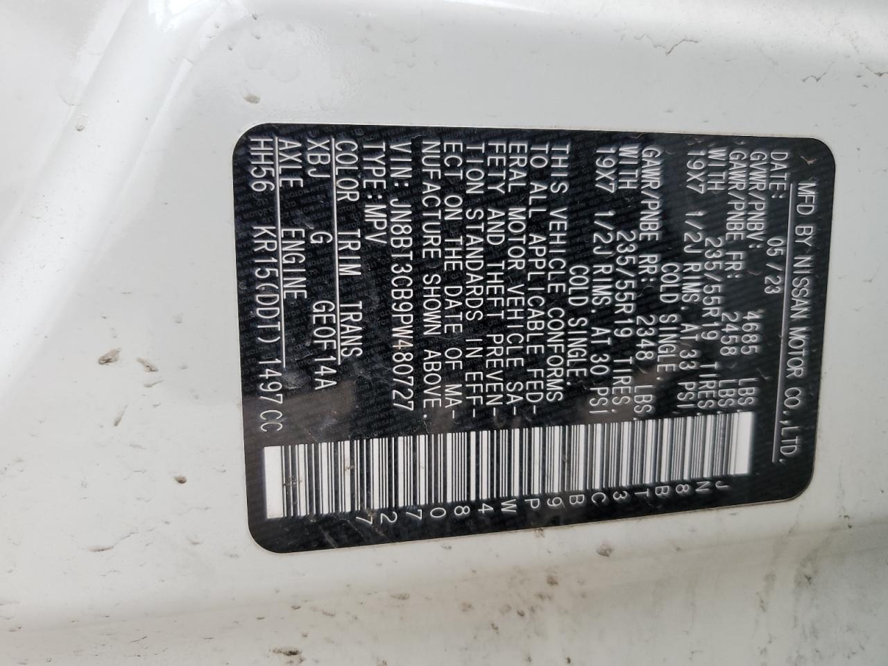 2023 NISSAN ROGUE SL VIN:JN8BT3CB9PW480727