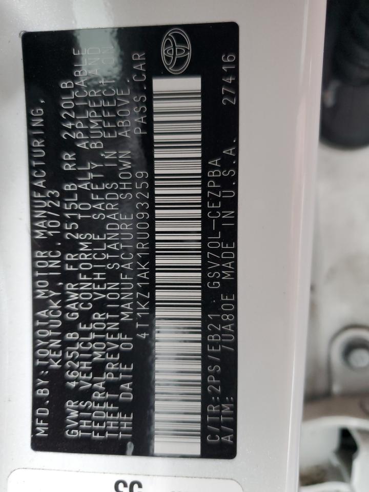2024 TOYOTA CAMRY TRD VIN:4T1KZ1AK1RU093259