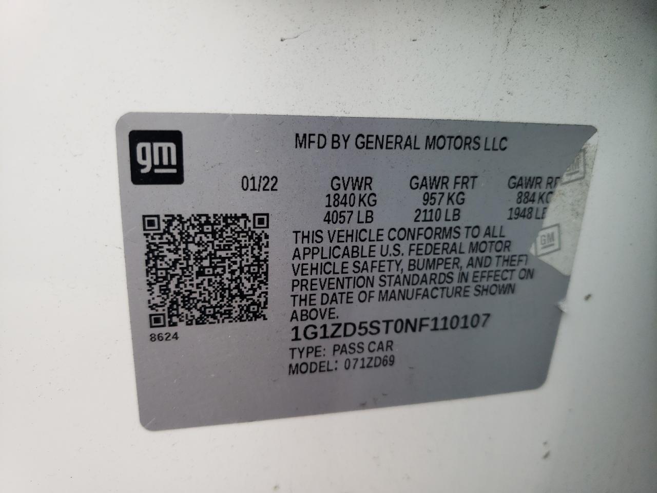 2022 CHEVROLET MALIBU LT VIN:1G1ZD5ST0NF110107