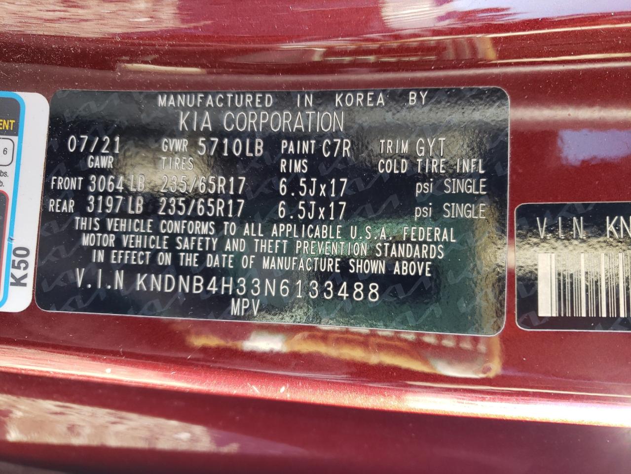 2022 KIA CARNIVAL LX VIN:KNDNB4H33N6133488