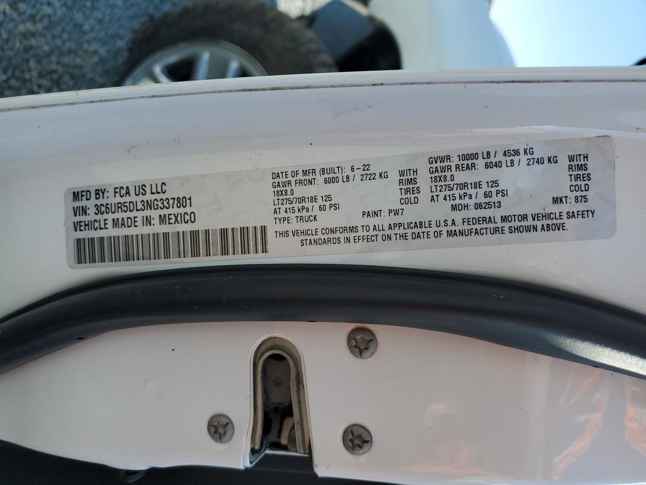 2022 RAM 2500 BIG HORN/LONE STAR VIN:3C6UR5DL3NG337801