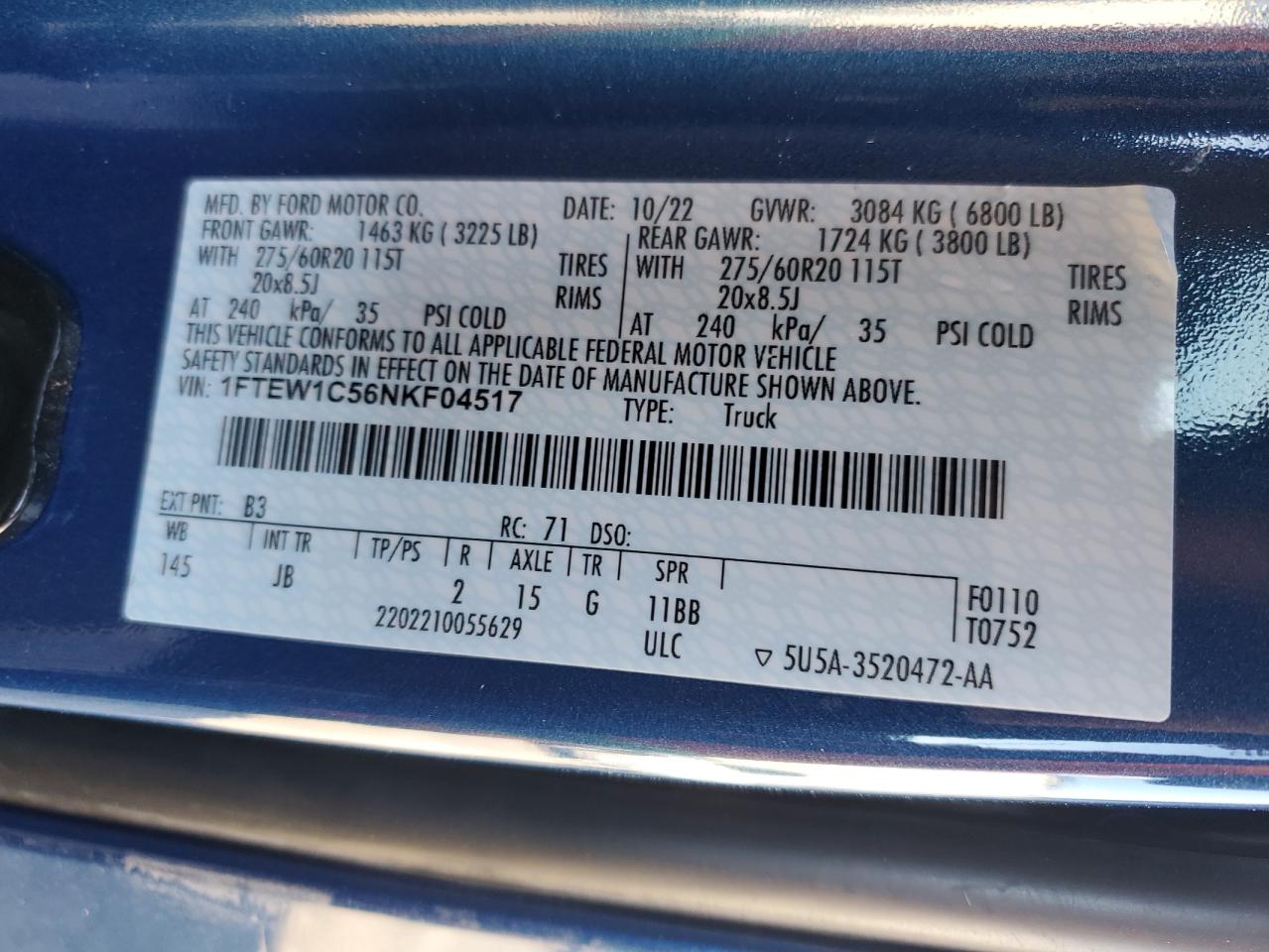 2022 FORD F150 SUPERCREW VIN:1FTEW1C56NKF04517