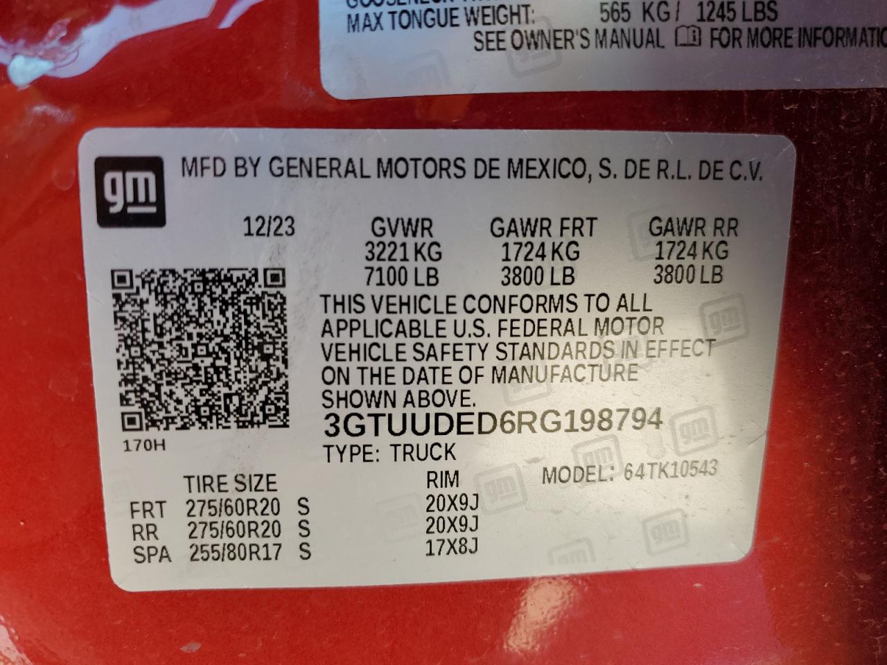 2024 GMC SIERRA K1500 SLT VIN:3GTUUDED6RG198794