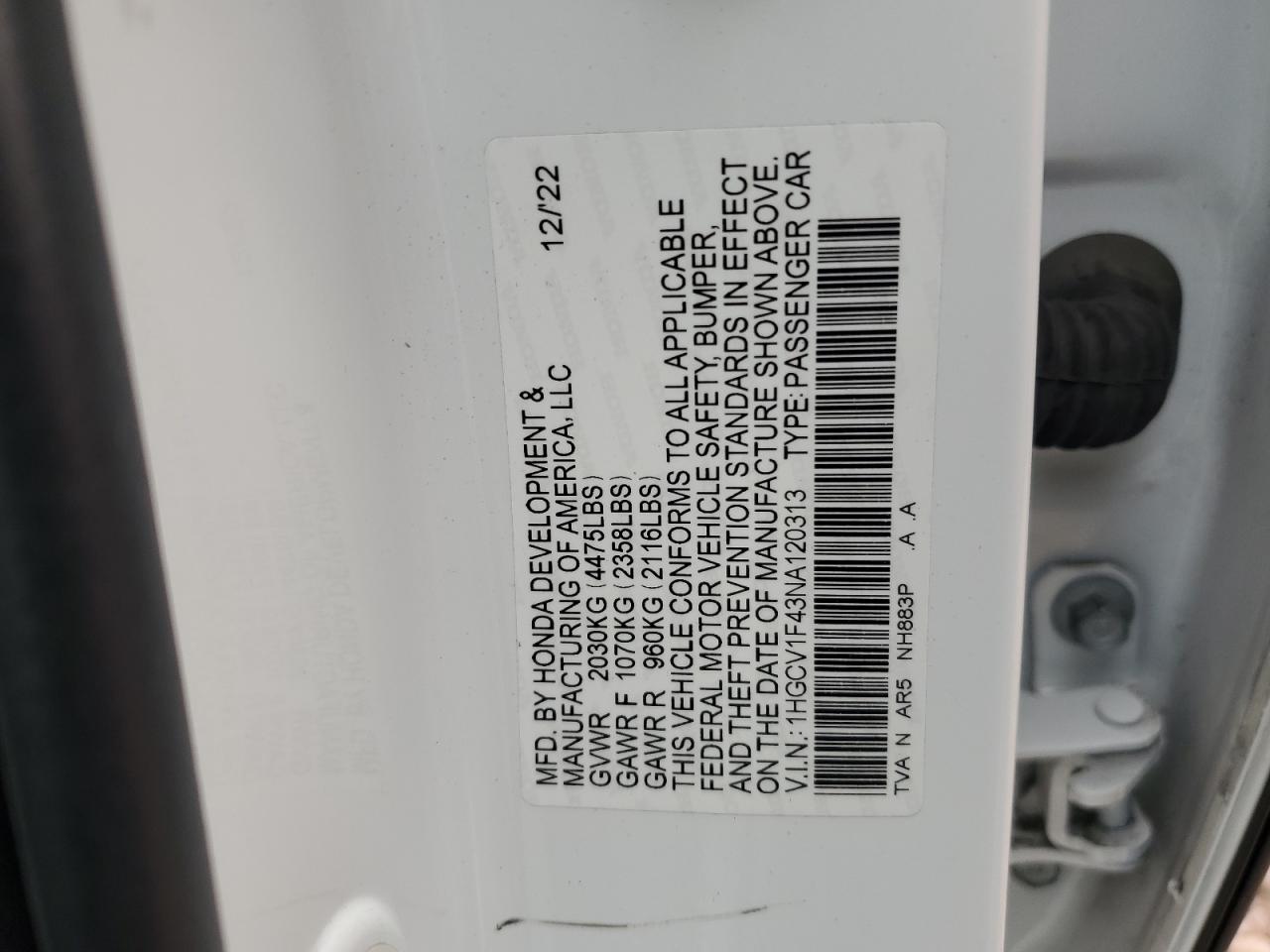 2022 HONDA ACCORD SPORT SE VIN:1HGCV1F43NA120313