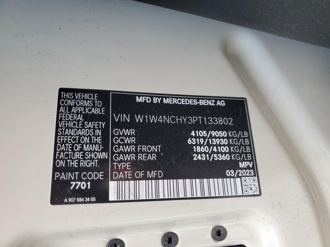 2023 MERCEDES-BENZ SPRINTER 2500 VIN:W1W4NCHY3PT133802